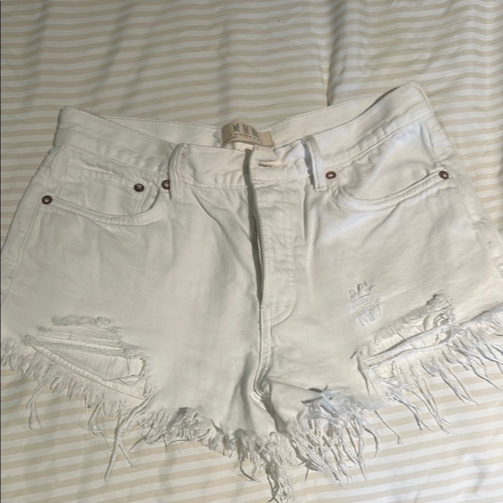 Free People White Jean Shorts Distressed Frayed Hem